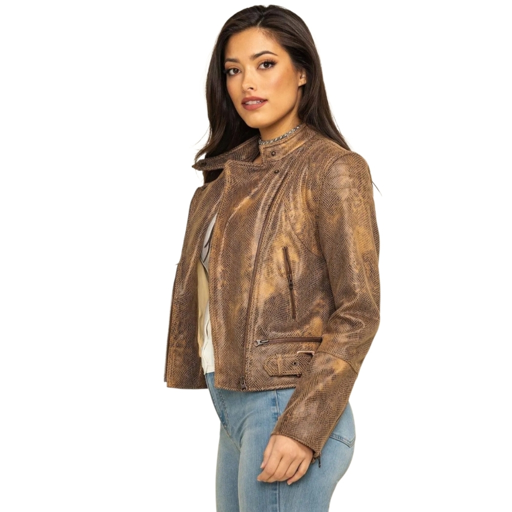 Free People Fenix Snakeskin Moto Jacket Brown Faux Leather Biker L NWOT - Picture 2 of 16